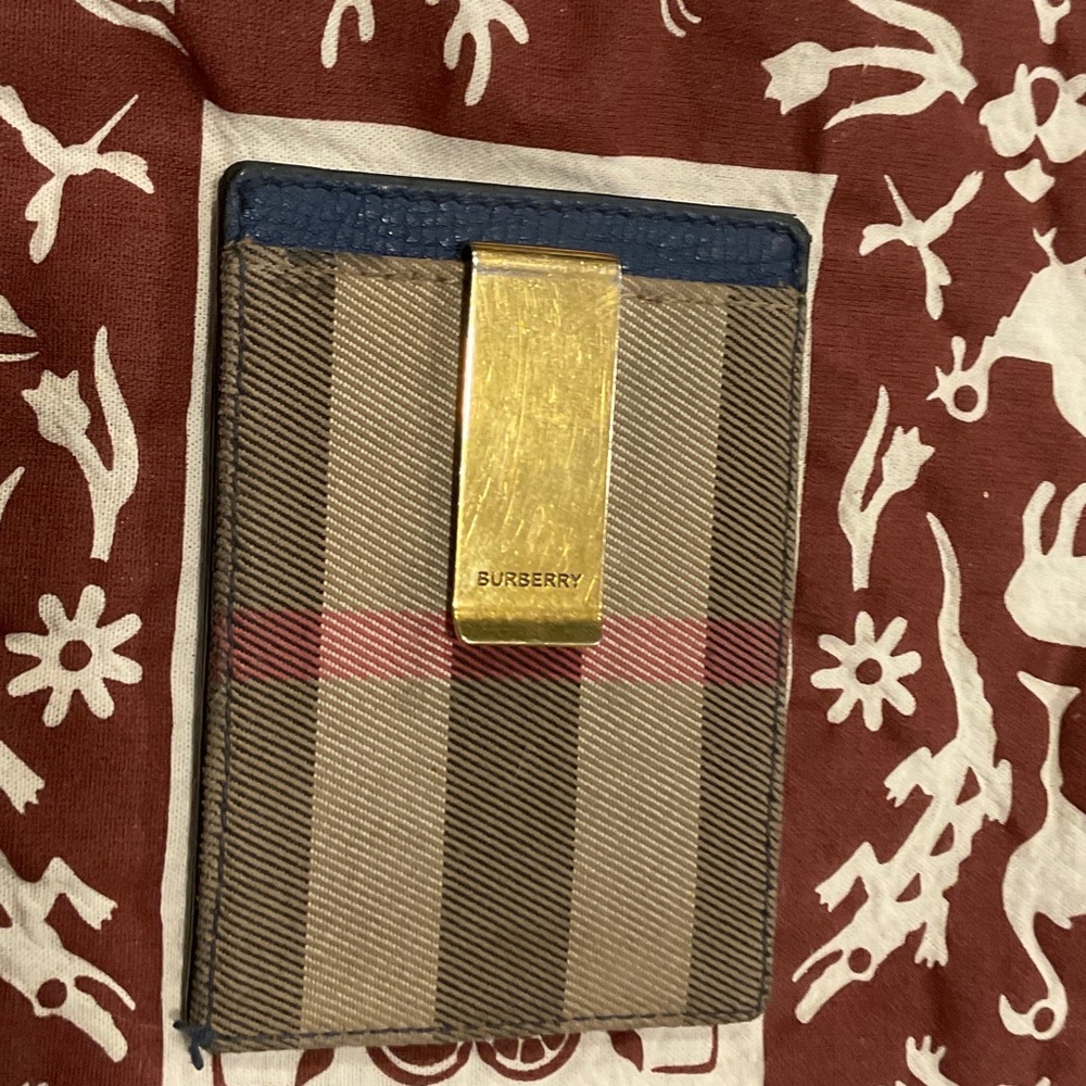 Burberry Brown Plaid Card Sleeve with Gold Money Clip and Navy Trim